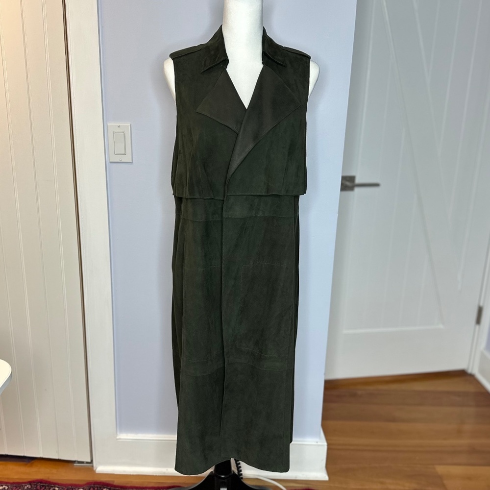 Worth Forest/Army green suede long vest. Overlapping front. Size S. Like new!